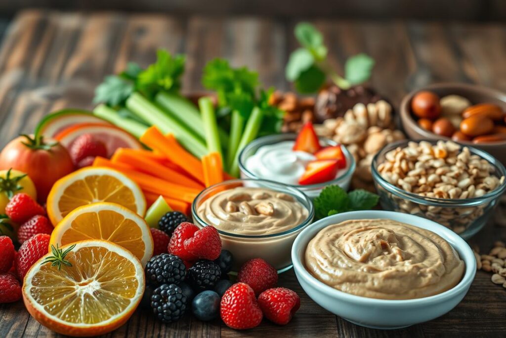 A beautifully lit close-up photograph of a variety of healthy, wholesome snacks artfully arranged on a rustic wooden table. In the foreground, we see an assortment of fresh fruits like sliced apples, juicy berries, and vibrant citrus wedges. In the middle ground, there are crunchy vegetable sticks like carrots and celery, alongside bowls of creamy hummus and tangy yogurt dip. The background features a selection of protein-rich nuts, seeds, and dried fruits, creating a visually appealing and nutritious spread. The lighting is soft and natural, highlighting the vibrant colors and textures of the snacks. The overall mood is calm, inviting, and emphasizes the healthful and restorative qualities of these wholesome treats.