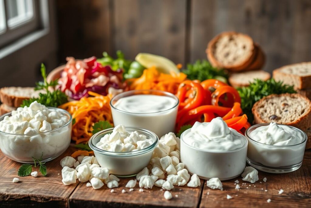 A bountiful still life showcasing an assortment of probiotic-rich foods on a rustic wooden table. In the foreground, plump, juicy kefir grains, tangy yogurt, and creamy cottage cheese are arranged artfully. The middle ground features vibrant fermented vegetables like sauerkraut and kimchi, their colors and textures contrasting beautifully. In the background, a scattering of whole grain bread slices and fresh herbs add depth and balance to the composition. Soft, natural lighting filters in, casting a warm, inviting glow over the scene. The overall mood is one of abundance, health, and the nourishing power of probiotic-rich foods for the gut.
