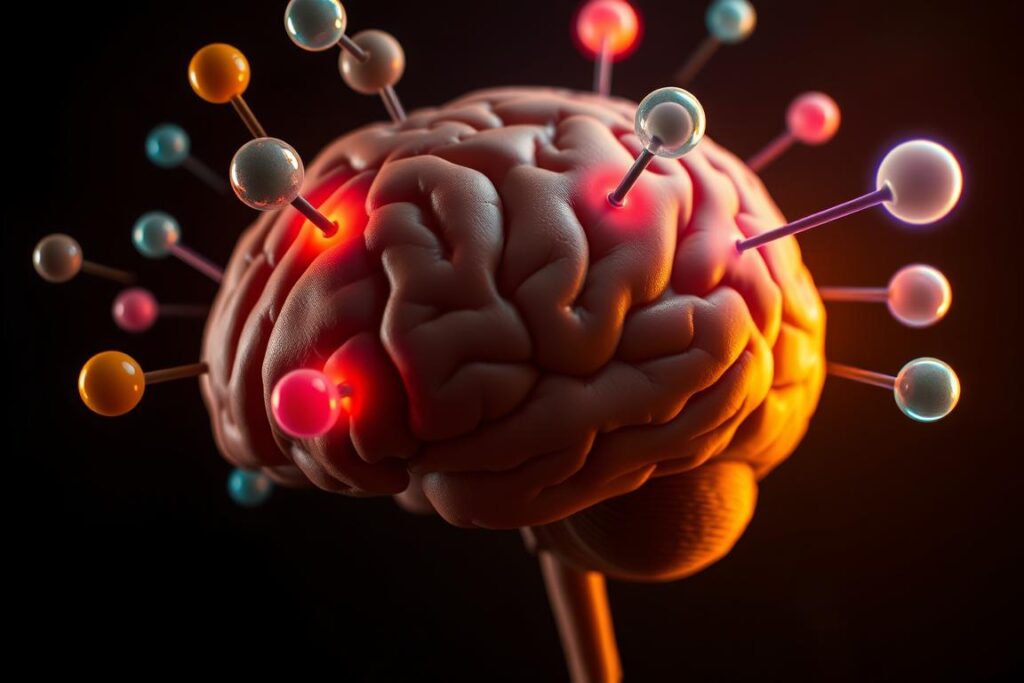 A close-up view of a human brain, with various hormones represented by different-colored glowing orbs floating around it. The brain is set against a dark, moody background, illuminated by a warm, golden light from the side. The hormones appear to be in motion, pulsing and swirling, creating a sense of dynamic energy and tension. The composition emphasizes the central role of hormones in influencing cravings and hunger, with the brain acting as the control center. The overall atmosphere is one of introspection and the complexity of the human body's internal mechanisms.