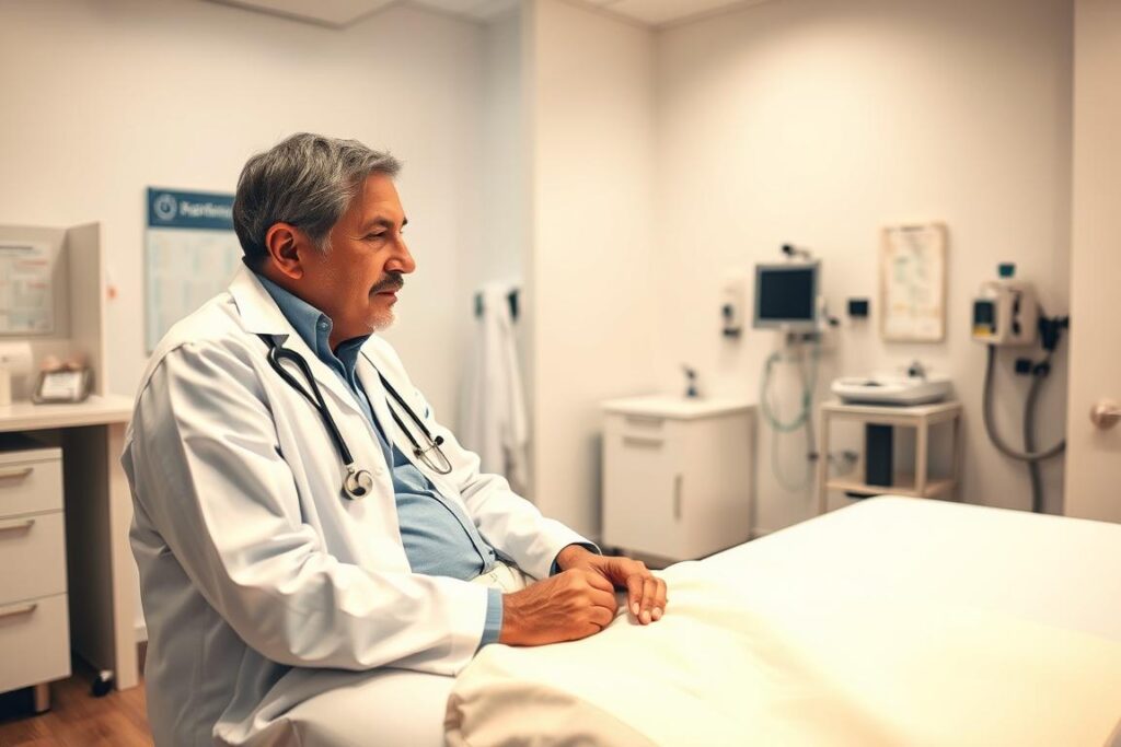 A doctor in a white coat examining a tired, weary patient sitting on an examination table in a well-lit, modern medical office. The doctor has a compassionate expression as they listen intently to the patient's concerns. The room has clean, minimalist decor with a few medical charts and equipment visible in the background, creating a professional and calming atmosphere. The lighting is warm and soft, highlighting the doctor's empathy and the patient's need for medical guidance. The scene conveys a sense of trust and care as the patient seeks the expertise of the physician to address their fatigue.