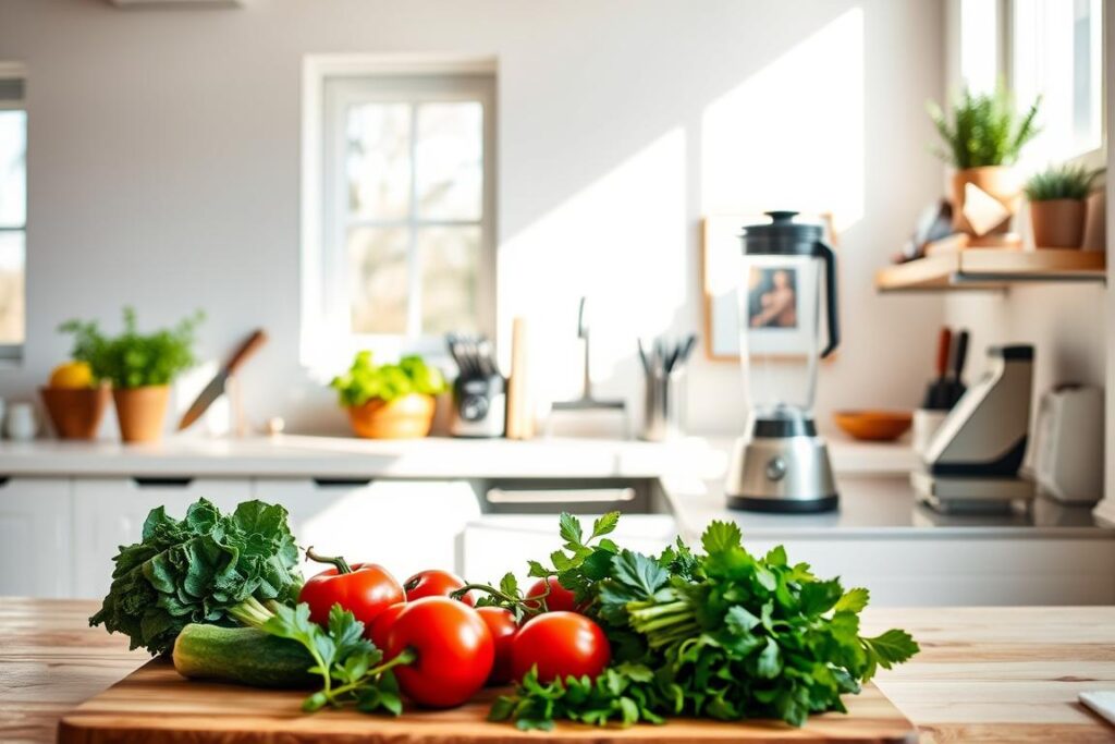 A modern, minimalist kitchen interior with natural lighting streaming through large windows. In the foreground, a cutting board with fresh produce - vegetables, fruits, and herbs. In the middle ground, a set of practical kitchen tools and appliances, including a sleek blender, a sturdy knife block, and a small stack of cookbooks. The background features a clean, neutral-toned wall with a simple, framed piece of artwork. The overall atmosphere is calm, organized, and inspiring, capturing the essence of "Praktische Tipps für den Alltag" for a healthy, mindful lifestyle.
