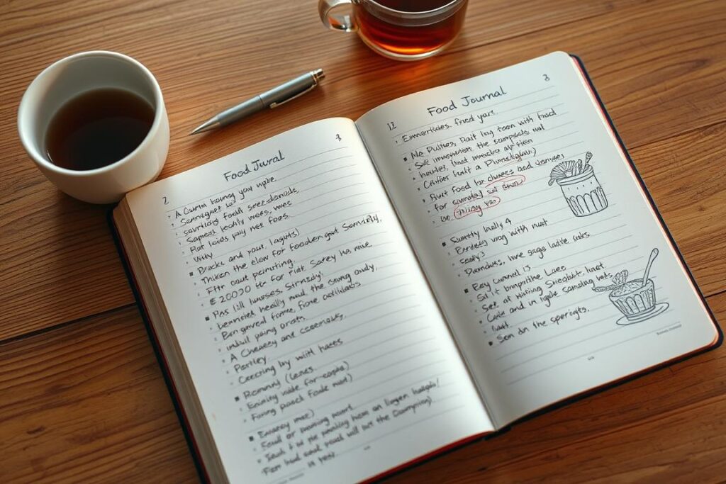 A neatly organized food journal on a wooden table, with a pen and a cup of tea nearby. The journal features clean, handwritten entries detailing daily meals and snacks, accompanied by simple sketches of the food. Soft, warm lighting illuminates the scene, creating a cozy and introspective atmosphere. The journal's pages are slightly worn, hinting at its daily use. The overall composition conveys a sense of mindfulness and intentionality around one's eating habits, reflecting the practical tips for everyday life. A neatly organized food journal on a wooden table, with a pen and a cup of tea nearby. The journal features clean, handwritten entries detailing daily meals and snacks, accompanied by simple sketches of the food. Soft, warm lighting illuminates the scene, creating a cozy and introspective atmosphere. The journal's pages are slightly worn, hinting at its daily use. The overall composition conveys a sense of mindfulness and intentionality around one's eating habits, reflecting the practical tips for everyday life.