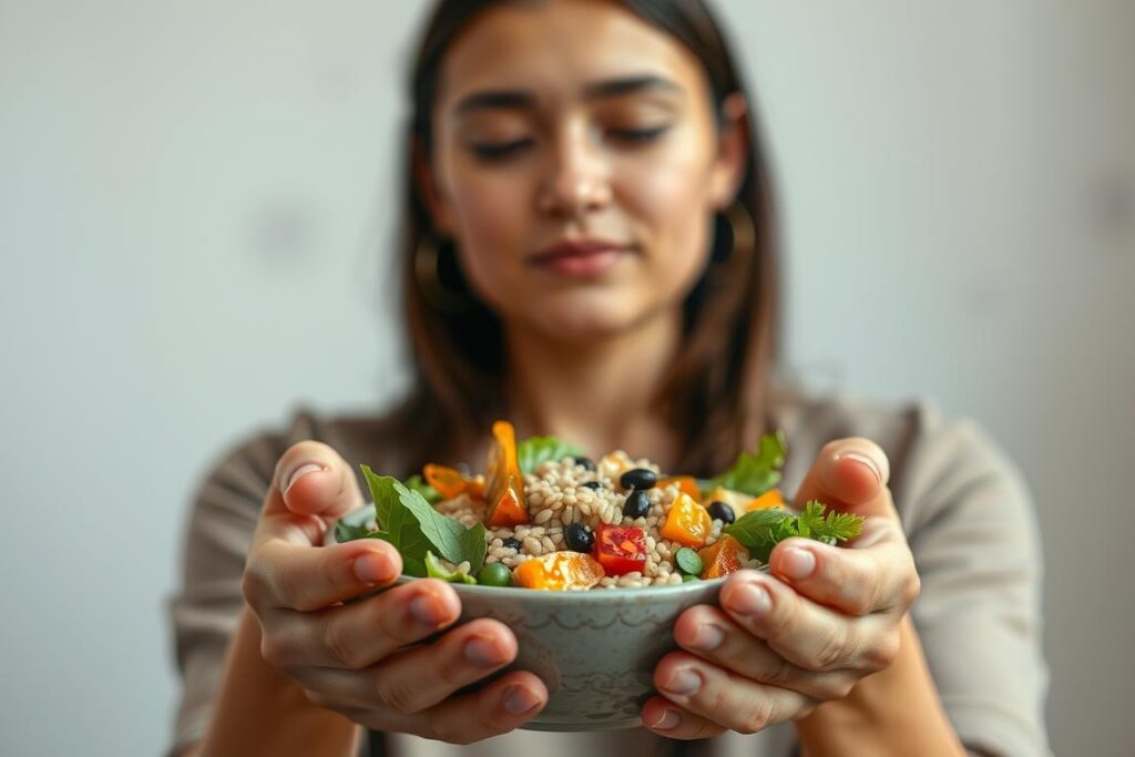 A peaceful and mindful scene of a person eating a simple, wholesome meal. The foreground shows hands gently holding a bowl of fresh, colorful vegetables and whole grains, conveying a sense of care and attention. The middle ground depicts the person's face in a relaxed, focused expression, eyes closed or gazing downward, fully present in the act of eating. The background is softly blurred, creating a serene, contemplative atmosphere, with muted natural tones and minimal distractions. The lighting is soft and natural, adding to the calming, introspective mood. The overall composition and attention to detail evoke a deep appreciation for the act of nourishing the body and mind through conscious, intentional eating.
