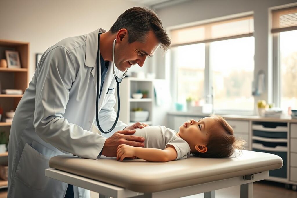 A pediatrician carefully examining a young patient on an examination table in a bright, well-equipped medical office. The doctor leans in, stethoscope in hand, with a focused, compassionate expression, while the child lies patiently, their face conveying a sense of trust. Soft natural lighting filters through large windows, casting a warm, soothing glow on the scene. The background features medical equipment, charts, and shelves, all neatly organized, reflecting the professionalism of the practice. An atmosphere of care and attentiveness pervades the space, setting the stage for the pediatrician's vital role in addressing any potential nutritional deficiencies in the child.
