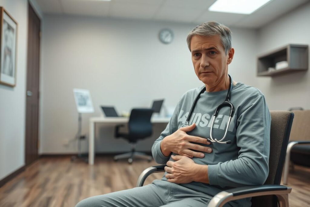 A person sitting in a doctor's office, looking concerned while holding their abdomen. The foreground features the patient's worried expression and hands on their stomach, conveying a sense of discomfort and unease. The middle ground shows the doctor's desk and medical equipment, suggesting the patient is seeking professional advice. The background depicts a calming, neutral-toned waiting room with muted colors, creating a serene atmosphere that contrasts with the person's internal distress. Soft, natural lighting illuminates the scene, adding depth and realism. The angle is slightly angled to capture the patient's perspective, inviting the viewer to empathize with their experience.