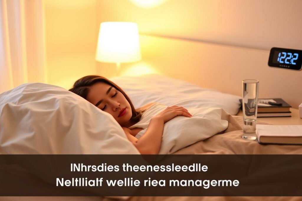 A serene bedroom in soft, warm tones. A person sleeping soundly, their face peaceful and undisturbed. The bed is cozy and inviting, with plush bedding and pillows. Gentle lighting from a bedside lamp casts a soothing glow, creating a tranquil atmosphere. In the background, a nightstand holds a glass of water, a book, and a digital clock displaying the time. The room is free of clutter, promoting a sense of rest and relaxation. The overall scene conveys the importance of quality sleep for healthy weight management.