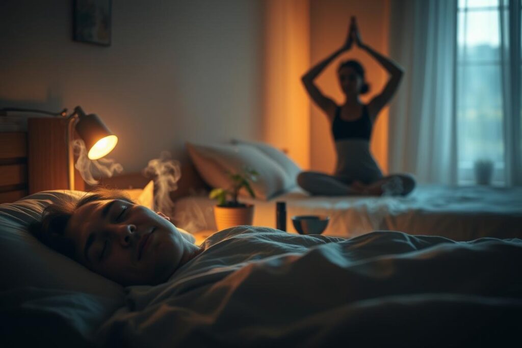A serene bedroom scene, dimly lit by the soft glow of a nightstand lamp. In the foreground, a sleeping figure rests peacefully, their face relaxed and untroubled. Surrounding them, wispy tendrils of mist or steam gently rise, creating an atmosphere of tranquility and relaxation. In the middle ground, a collection of soothing elements come into focus: a potted plant, a stack of calming books, and a small bowl of essential oils or incense, their fragrance wafting through the air. In the background, a shadowy silhouette of a person practicing gentle yoga or meditation, their movements graceful and fluid. The lighting is warm and diffuse, casting a soft, dreamlike glow over the entire scene, conveying a sense of rejuvenation and stress relief.