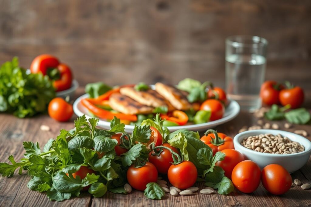 A sleek and minimalist still life scene featuring a selection of low-carb foods. In the foreground, an array of fresh vegetables such as crisp leafy greens, vibrant red peppers, and juicy tomatoes are artfully arranged on a rustic wooden surface. Behind them, a plate of grilled chicken or fish takes center stage, complemented by a scatter of seeds, nuts, and a glass of refreshing water. The lighting is soft and natural, casting gentle shadows and highlighting the textures of the ingredients. The overall composition conveys a sense of balance, health, and the allure of a nourishing low-carb diet.