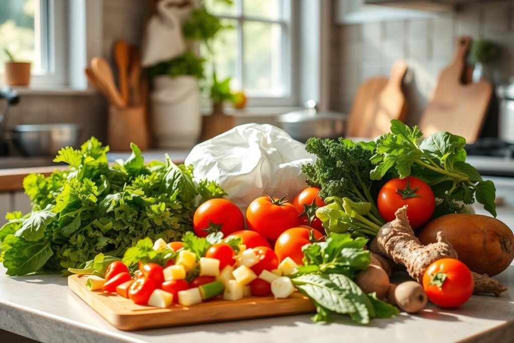 A sun-dappled kitchen countertop, brimming with a vibrant array of fresh produce - crisp greens, ripe tomatoes, and hearty root vegetables. In the foreground, a cutting board showcases a collection of budget-friendly ingredients, their textures and colors a feast for the eyes. A warm, natural light filters through a nearby window, casting a gentle glow over the scene. In the background, simple cookware and kitchen tools hint at the process of transforming these humble ingredients into a nourishing, delectable meal. The overall atmosphere is one of abundance, simplicity, and the joy of cooking on a limited budget.