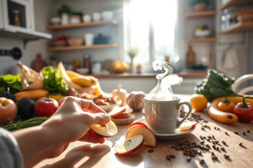 A tranquil kitchen scene, sunlight streaming through the window, illuminating a table laden with an array of fresh fruits, vegetables, and healthy snacks. In the foreground, a hand carefully arranges slices of an apple, subtly hinting at the idea of lowering one's "Süßschwelle" or sweet threshold. The middle ground features a steaming mug of herbal tea, symbolizing a moment of mindful nourishment. In the background, shelves lined with wholesome pantry items suggest an environment conducive to making healthier choices. The overall mood is one of serenity and balance, inviting the viewer to consider how small, incremental changes can lead to a more sustainable and fulfilling relationship with sweet treats.