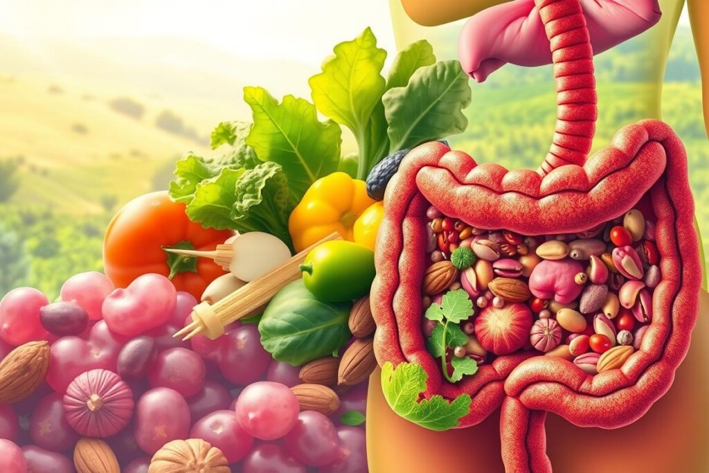 A vibrant, detailed illustration depicting the intricate relationship between digestive flora and human nutrition. In the foreground, a richly-colored cross-section of the human gut, showcasing the diverse array of microbes that make up the gut microbiome. In the middle ground, a selection of nutrient-dense whole foods - leafy greens, fermented vegetables, nuts and seeds - that nourish and support a healthy digestive system. In the background, a serene, natural landscape symbolizing the holistic, nature-based approach to gut health and wellness. The lighting is soft and diffused, creating a calming, almost ethereal atmosphere. The overall composition conveys a sense of harmony, balance, and the profound impact that diet and lifestyle have on the delicate microbial ecosystem within us.