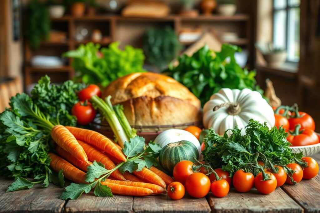 A vibrant still life showcasing a delightful assortment of wholesome, visually appealing ingredients arranged on a rustic wooden table. In the foreground, a variety of fresh vegetables such as crisp carrots, leafy greens, and juicy tomatoes take center stage, conveying a sense of health and nourishment. In the middle ground, artfully placed baked goods, perhaps a crusty loaf of bread or a flaky pastry, suggest the indulgence of culinary pleasures. The background features a warm, inviting atmosphere, with soft, natural lighting highlighting the textures and colors of the scene. The overall composition evokes a harmonious balance between the virtues of healthy eating and the joy of savoring delicious, satisfying foods. A vibrant still life showcasing a delightful assortment of wholesome, visually appealing ingredients arranged on a rustic wooden table. In the foreground, a variety of fresh vegetables such as crisp carrots, leafy greens, and juicy tomatoes take center stage, conveying a sense of health and nourishment. In the middle ground, artfully placed baked goods, perhaps a crusty loaf of bread or a flaky pastry, suggest the indulgence of culinary pleasures. The background features a warm, inviting atmosphere, with soft, natural lighting highlighting the textures and colors of the scene. The overall composition evokes a harmonious balance between the virtues of healthy eating and the joy of savoring delicious, satisfying foods.