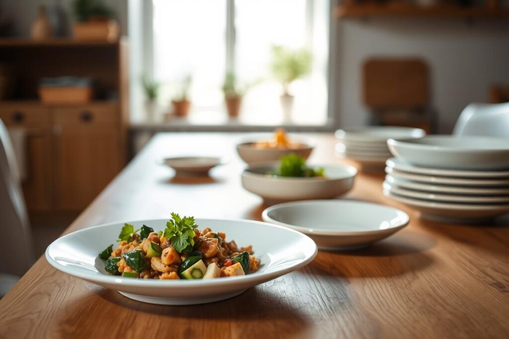 A warm, cozy kitchen setting with a small, white ceramic plate in the foreground, filled with a healthy, balanced meal. In the middle ground, several similarly sized plates and bowls of varying colors and textures are arranged neatly on a wooden table, casting soft shadows. The background features a minimalist, light-filled space with hints of natural elements like potted plants or a window, conveying a sense of simplicity and mindfulness. The overall scene is illuminated by soft, diffused natural lighting, creating a calming, inviting atmosphere that encourages the viewer to savor smaller, more intentional portions.